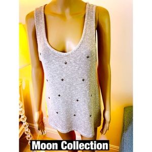 Moon Collection, Studded Scoop Neck, knit Front, sheer Back, Sz M